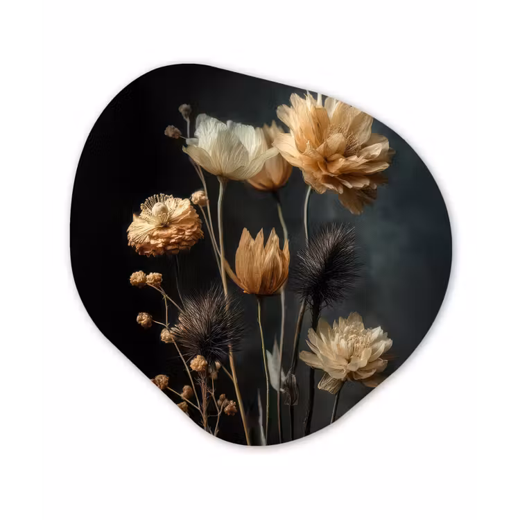 Boeket - Bloemen - Licht - Zwart Wandcirkel Organisch Plexiglas middel -3d