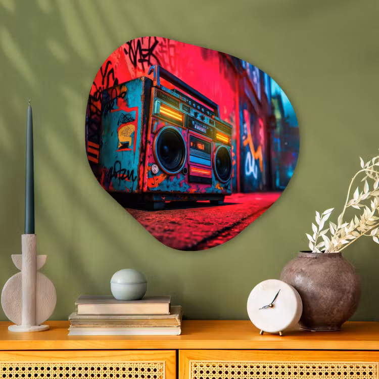 Boombox - Rood - Graffiti - Neon Wandcirkel Organisch Plexiglas middel -sfeer2