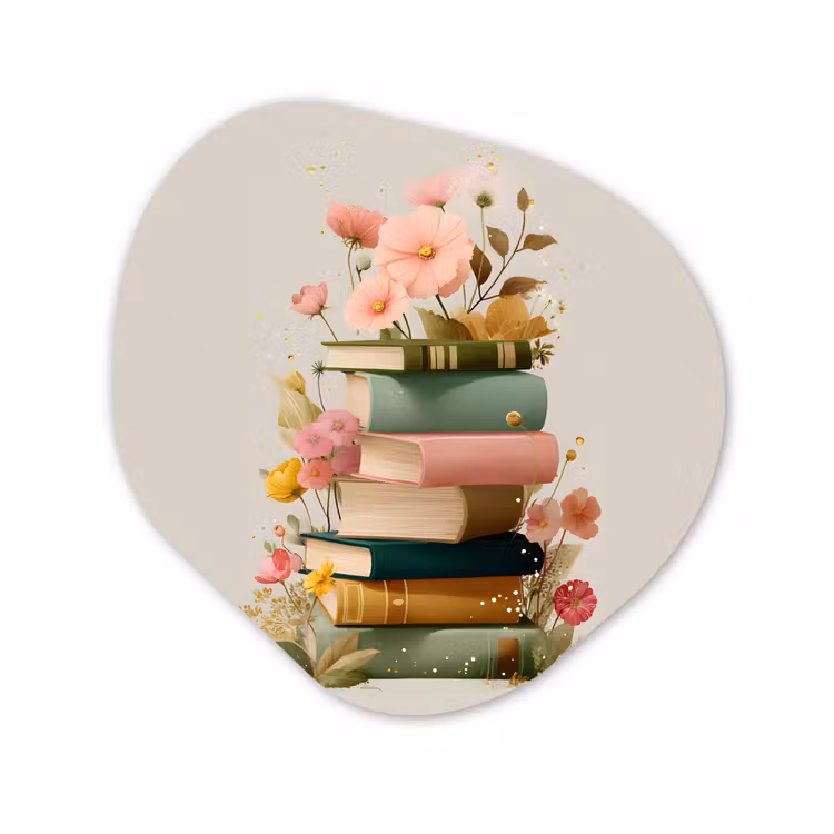 Boeken - Stapel - Bloemen - Kleurrijk Wandcirkel Organisch Plexiglas middel -3d
