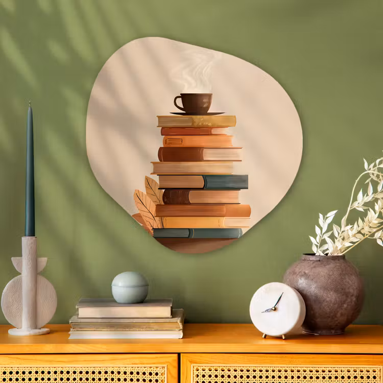Boeken - Toren - Koffie - Beige Wandcirkel Organisch Plexiglas middel -sfeer2