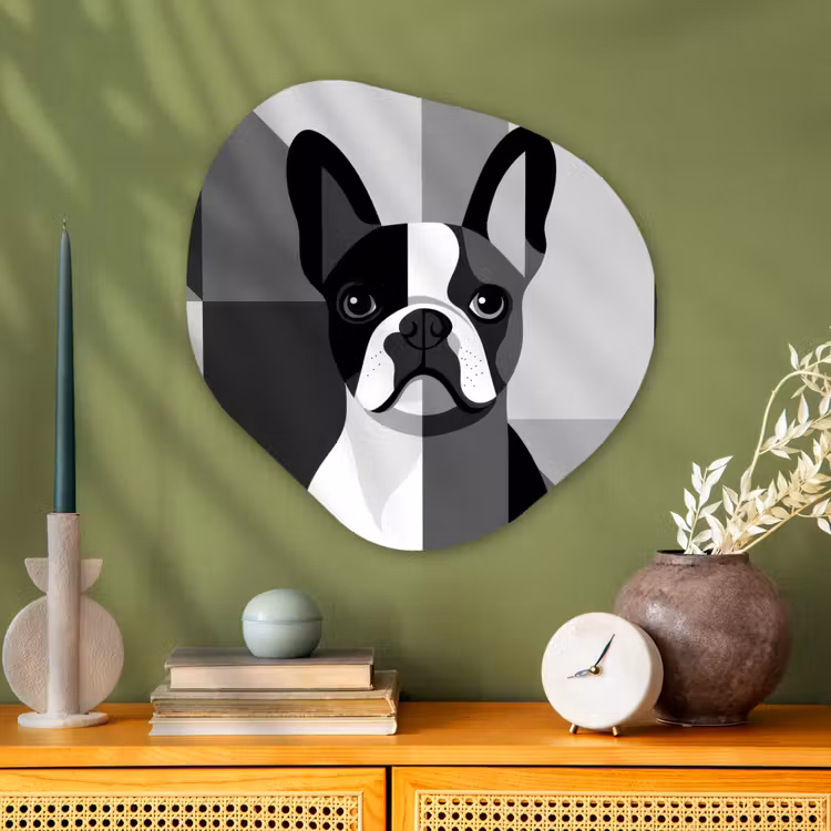 Buldog - Zwart - Abstract - Vlakken Wandcirkel Organisch Plexiglas middel -sfeer2