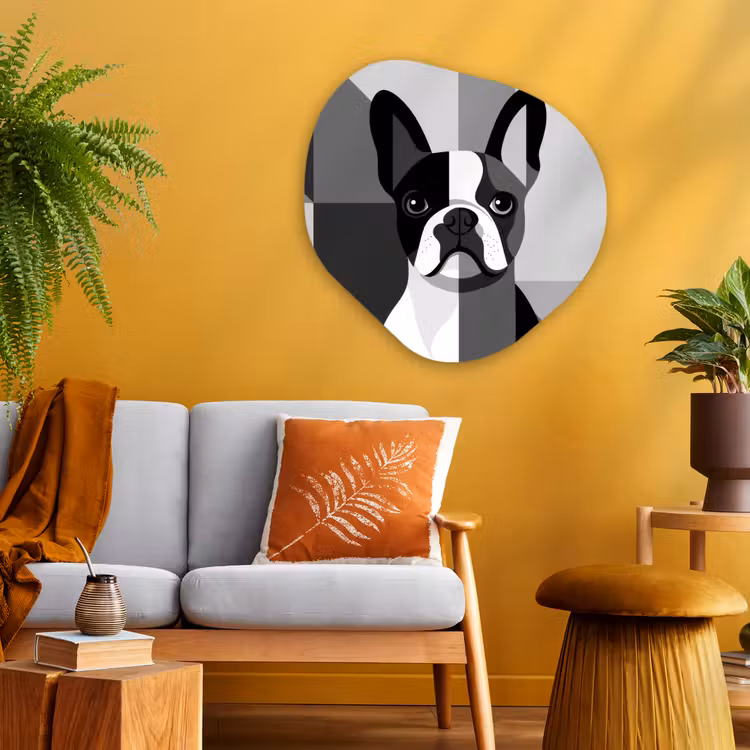 Buldog - Zwart - Abstract - Vlakken Wandcirkel Organisch Plexiglas middel -sfeer4