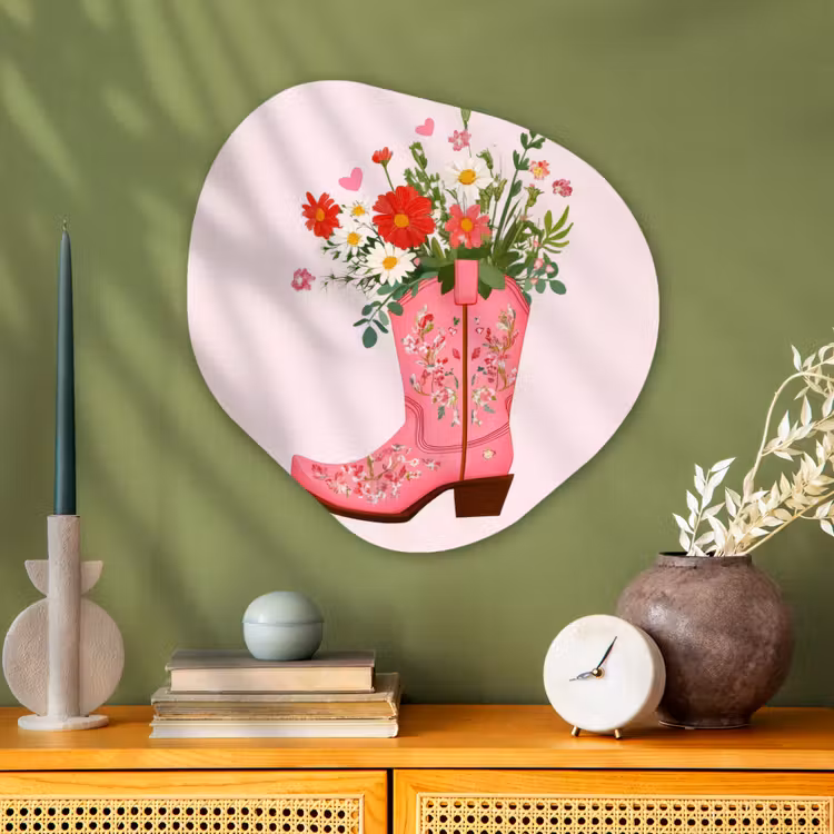Cowboylaarzen - Roze - Boeket - Bloemen Wandcirkel Organisch Plexiglas middel -sfeer2