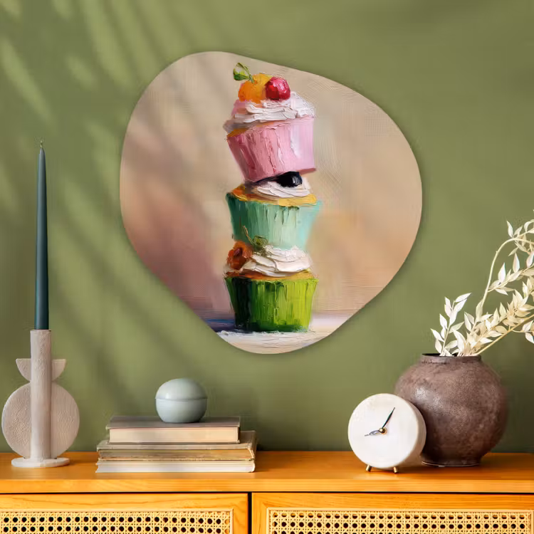 Cupcakes - Gestapeld - Kleurrijk - Fruit Wandcirkel Organisch Plexiglas middel -sfeer2