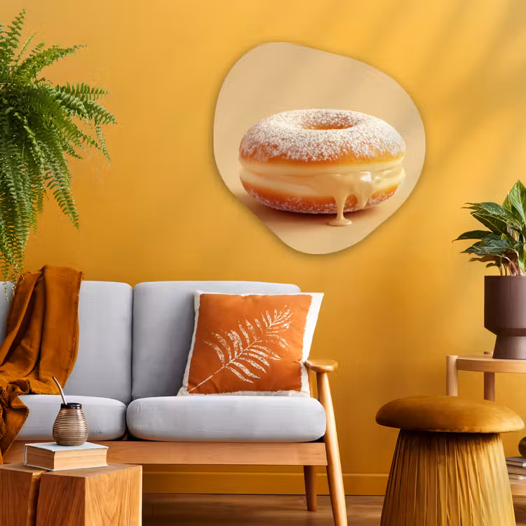 Donut - Romig - Poedersuiker - Beige Wandcirkel Organisch Plexiglas middel -sfeer4