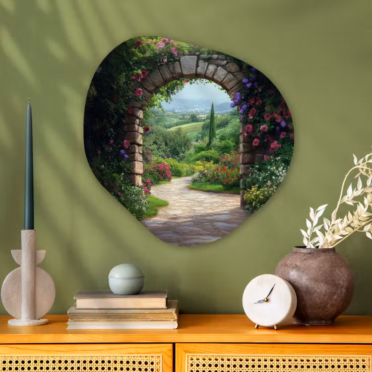 Doorkijk - Landschap - Bloemen - Pad - Uitzicht Wandcirkel Organisch Plexiglas middel -sfeer2