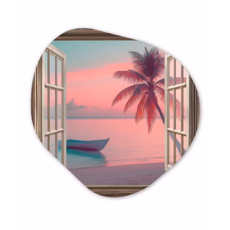 Doorkijk - Strand - Palmboom - Tropisch Wandcirkel Organisch Plexiglas middel -3d
