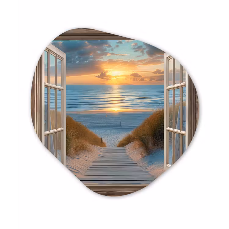 Doorkijk - Strand - Pad - Zonsondergang Wandcirkel Organisch Plexiglas middel -3d
