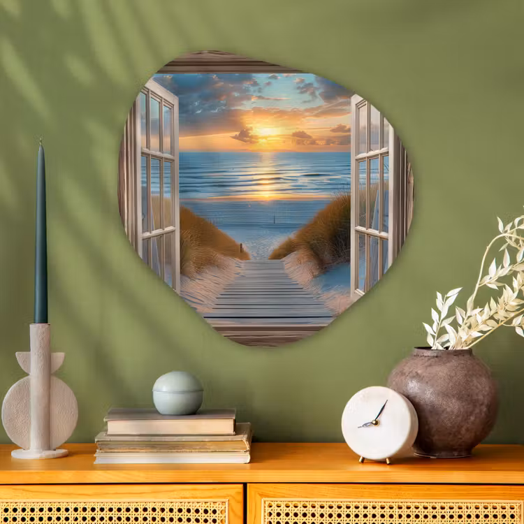 Doorkijk - Strand - Pad - Zonsondergang Wandcirkel Organisch Plexiglas middel -sfeer2