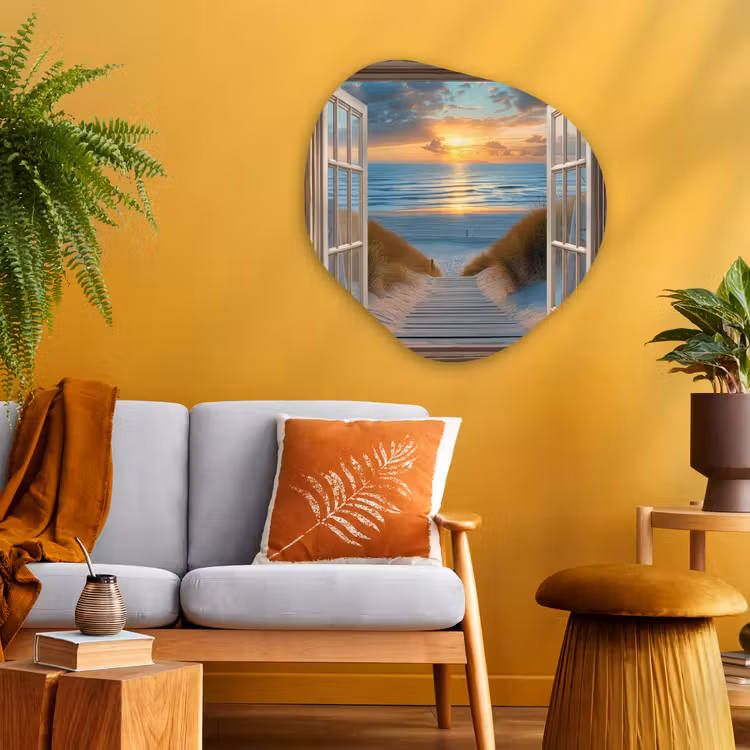 Doorkijk - Strand - Pad - Zonsondergang Wandcirkel Organisch Plexiglas middel -sfeer4