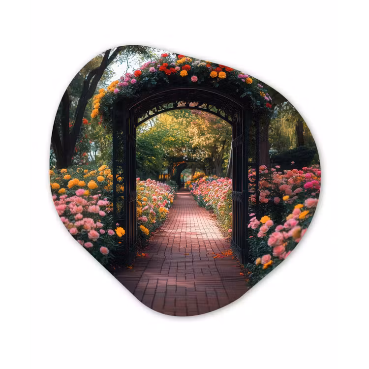 Doorkijk - Bloemen - Pad - Natuur - Kleurrijk Wandcirkel Organisch Plexiglas middel -3d