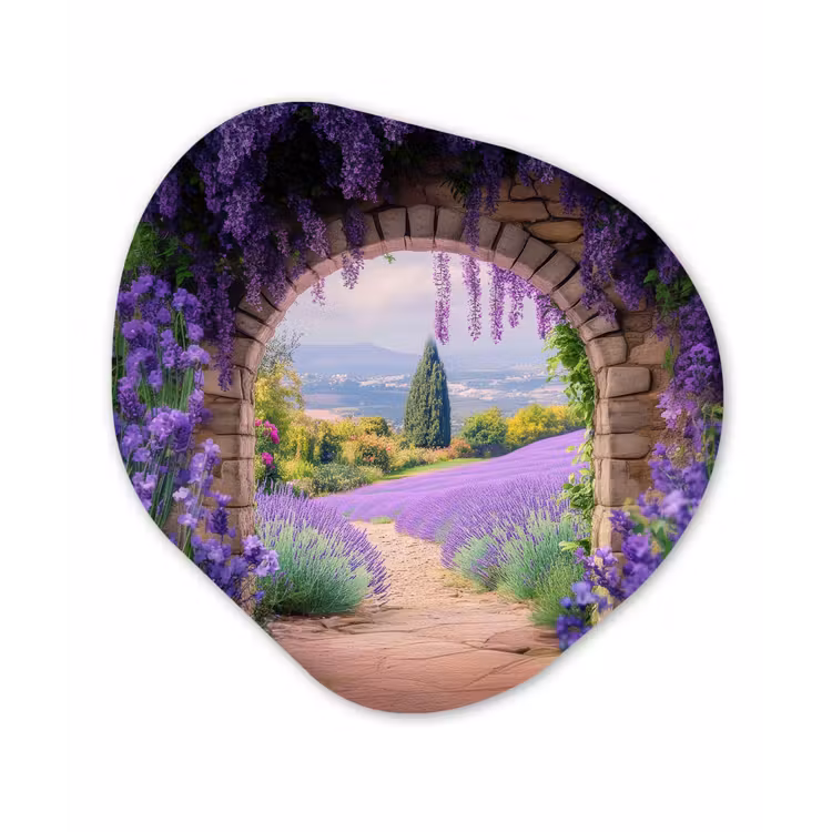 Doorkijk - Lavendel - Bloemen - Paars - Poort Wandcirkel Organisch Plexiglas middel -3d