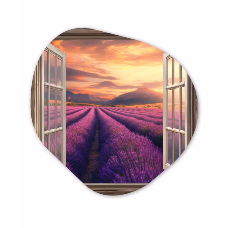 Doorkijk - Lavendel - Landschap - Bloemen - Paars Wandcirkel Organisch Plexiglas middel -3d
