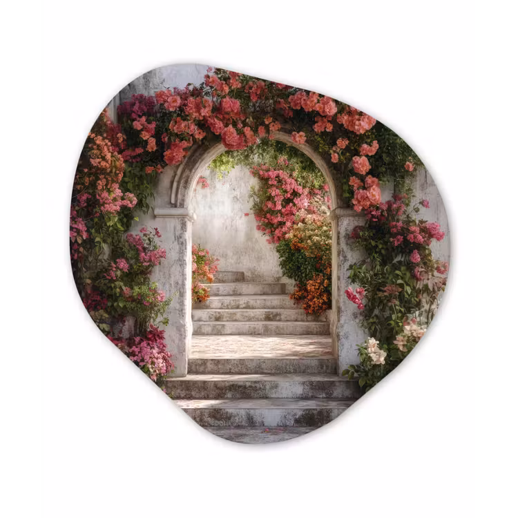 Doorkijk - Rozen - Vintage - Poort Wandcirkel Organisch Plexiglas middel -3d
