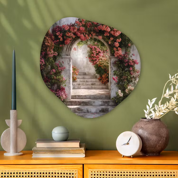 Doorkijk - Rozen - Vintage - Poort Wandcirkel Organisch Plexiglas middel -sfeer2