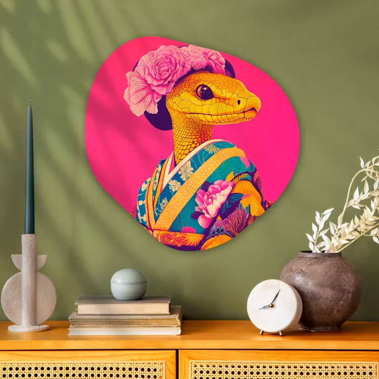 Hagedis - Bloemen - Roze - Kimono Wandcirkel Organisch Plexiglas middel -sfeer2
