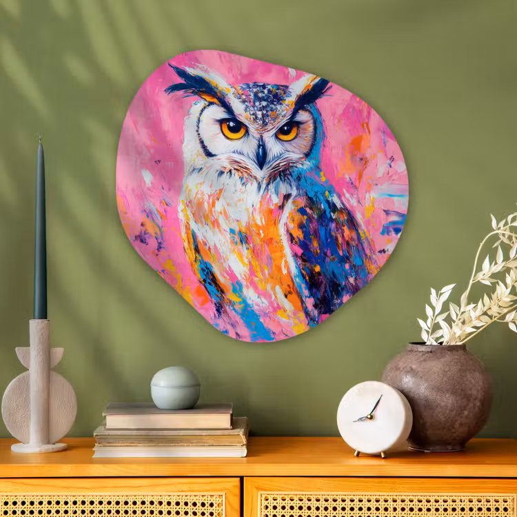 Uil - Roze - Blauw - Verf - Abstract Wandcirkel Organisch Plexiglas middel -sfeer2