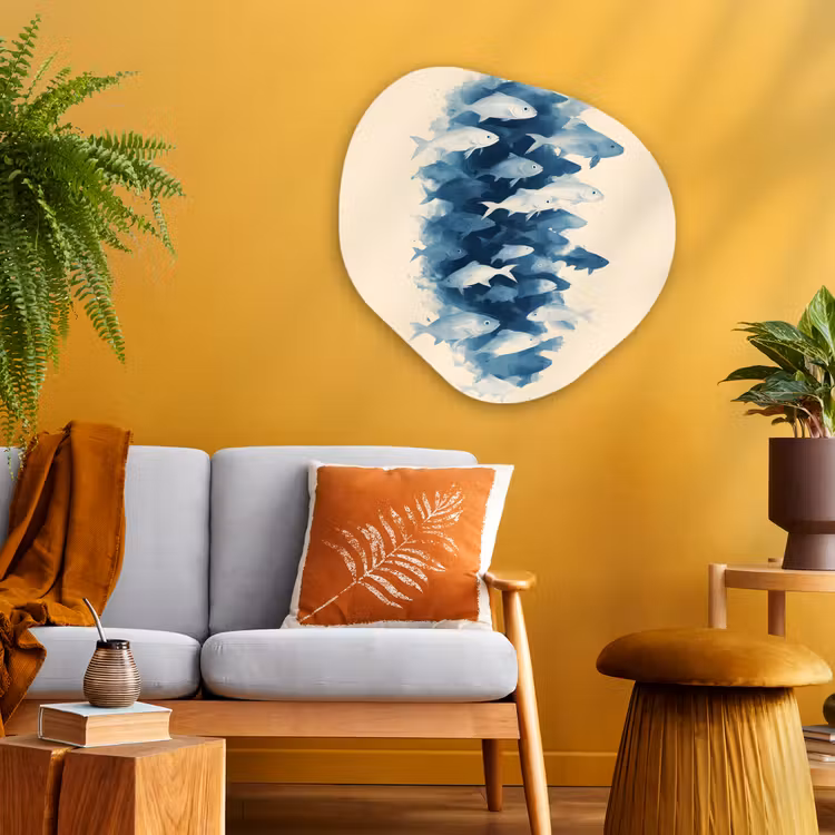 Vissen - Minimalistisch - Blauw Wandcirkel Organisch Plexiglas middel -sfeer4
