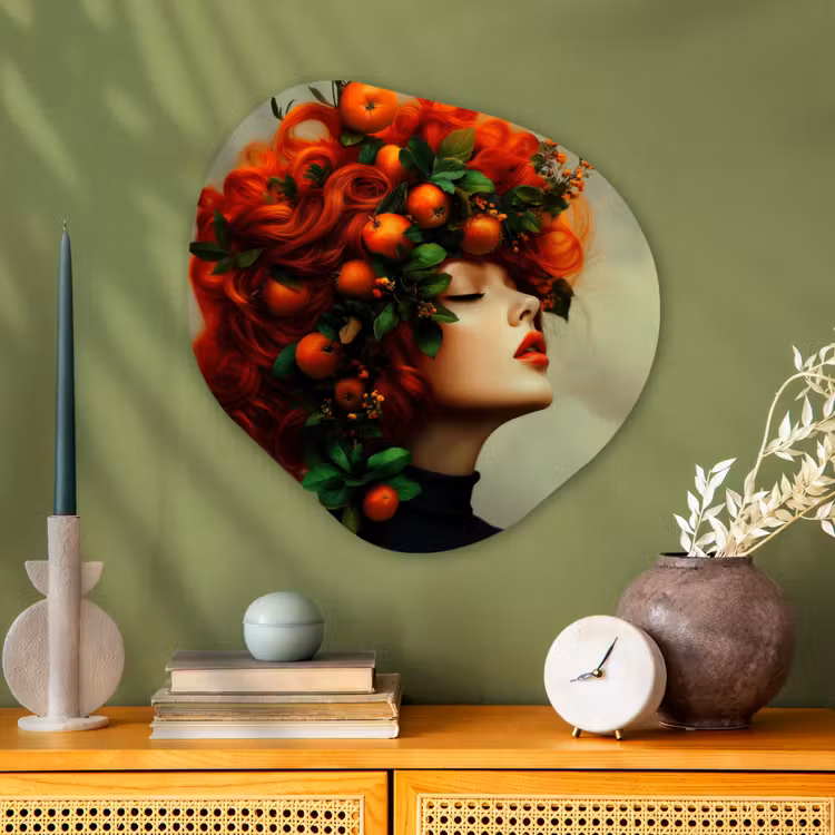 Vrouw - Appels - Rood - Bladeren Wandcirkel Organisch Plexiglas middel -sfeer2