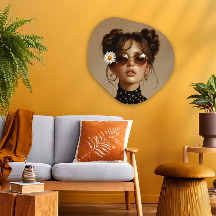 Vrouw - Beige - Bloem - Modern - Portret Wandcirkel Organisch Plexiglas middel -sfeer4