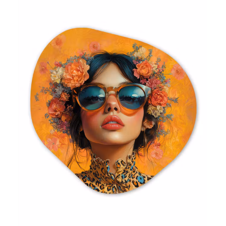 Vrouw - Bloemen - Aesthetic - Oranje Wandcirkel Organisch Plexiglas middel -3d