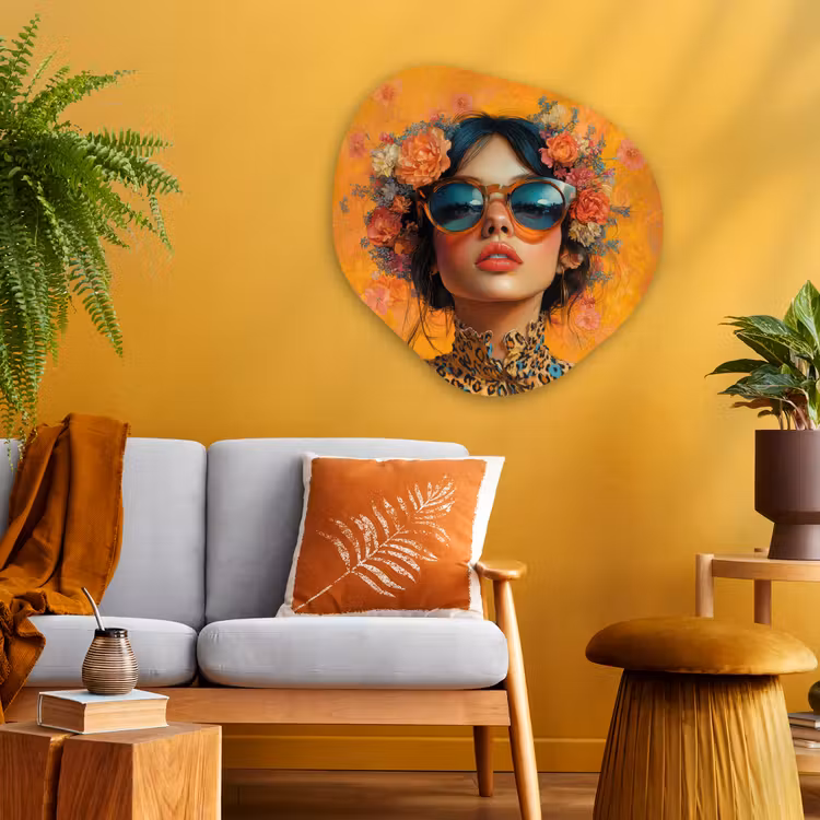 Vrouw - Bloemen - Aesthetic - Oranje Wandcirkel Organisch Plexiglas middel -sfeer4