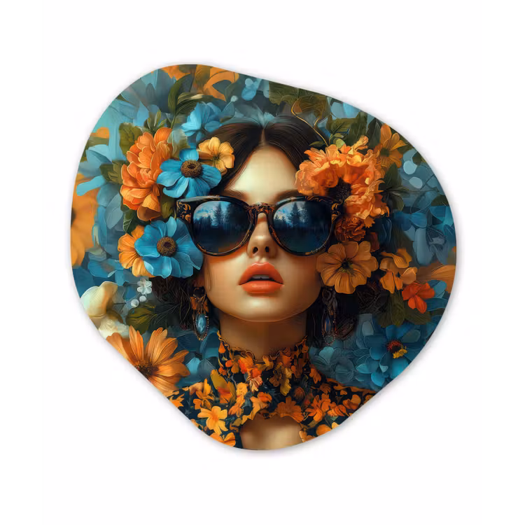 Vrouw - Bloemen - Oranje - Blauw - Modern Wandcirkel Organisch Plexiglas middel -3d
