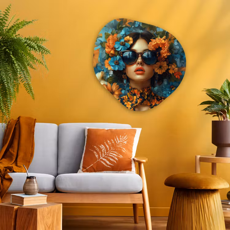 Vrouw - Bloemen - Oranje - Blauw - Modern Wandcirkel Organisch Plexiglas middel -sfeer4