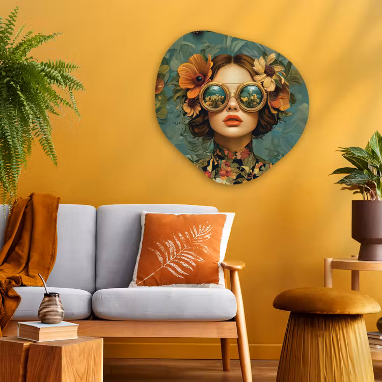 Vrouw - Bloemen - Vlinders - Natuur - Vintage Wandcirkel Organisch Plexiglas middel -sfeer4
