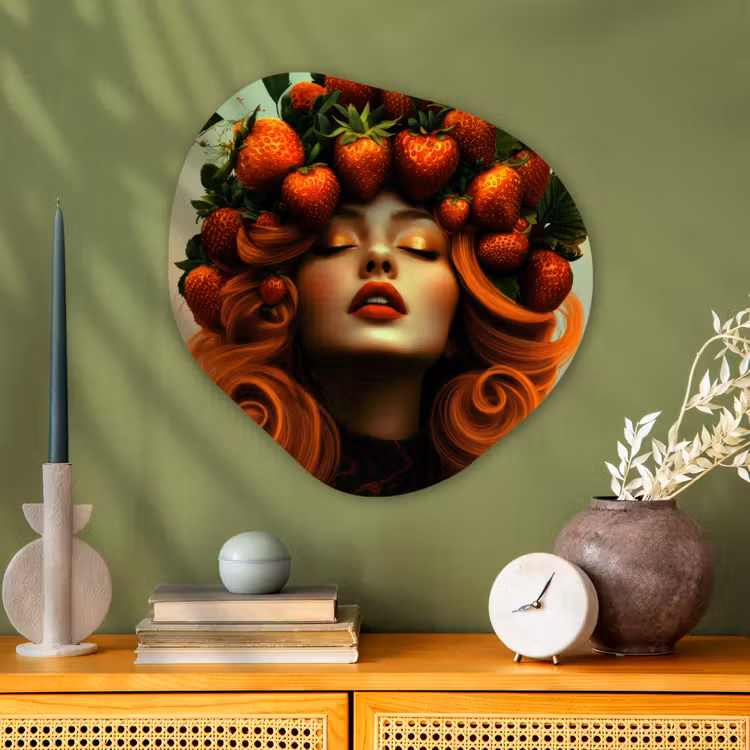 Vrouw - Aardbeien - Kroon Wandcirkel Organisch Plexiglas middel -sfeer2