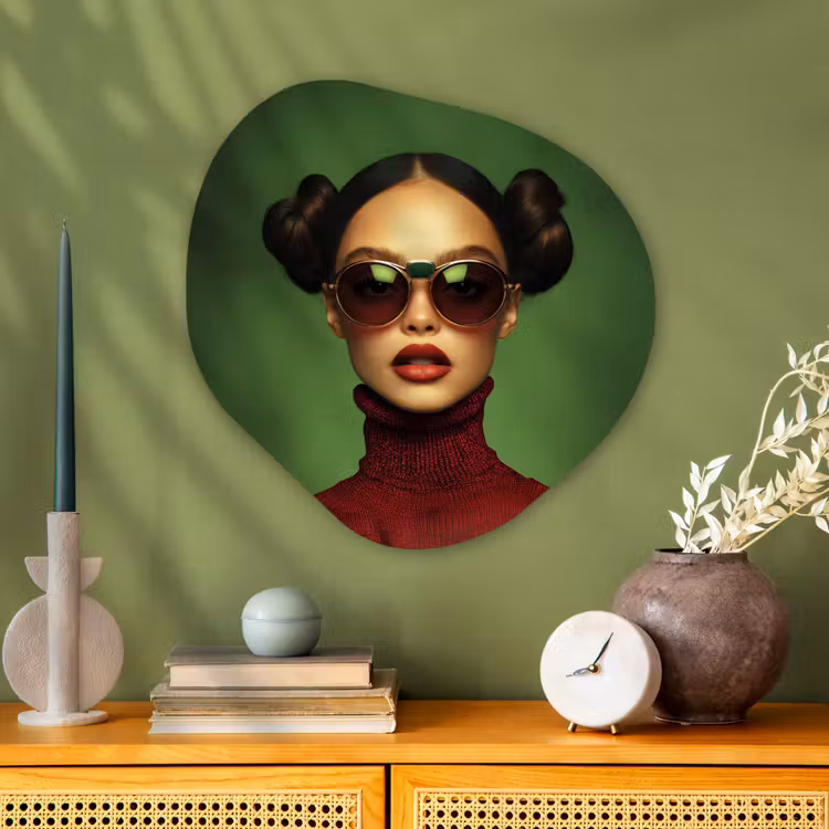 Vrouw - Groen - Bril - Aesthetic - Modern Wandcirkel Organisch Plexiglas middel -sfeer2