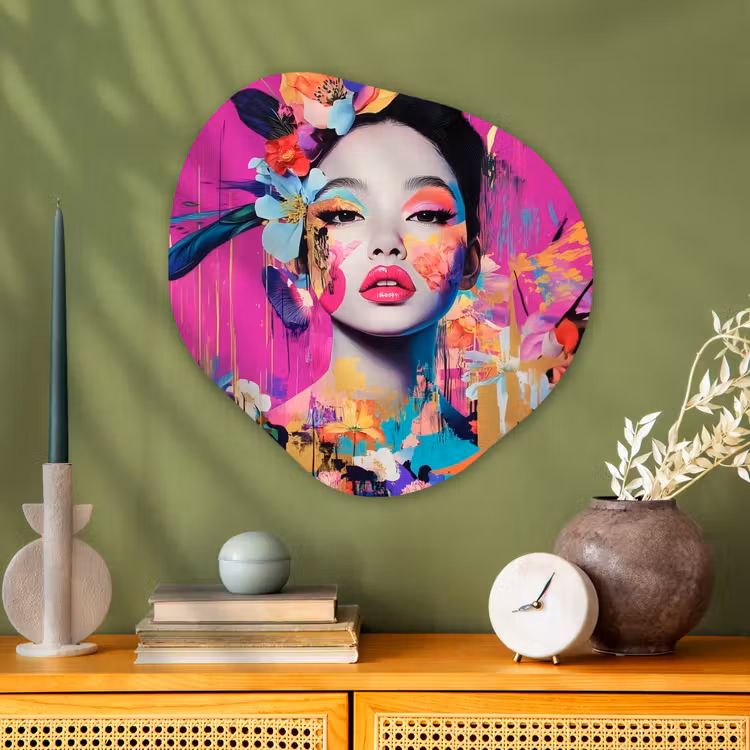 Vrouw - Portret - Abstract - Paars Wandcirkel Organisch Plexiglas middel -sfeer2