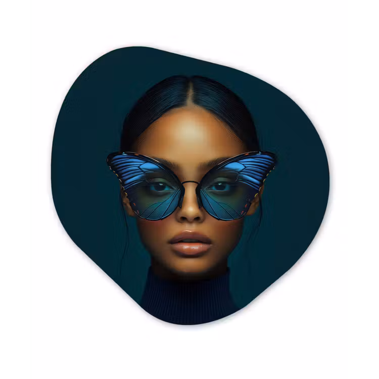 Vrouw - Vlinder - Bril - Blauw - Modern - Portret Wandcirkel Organisch Plexiglas middel -3d