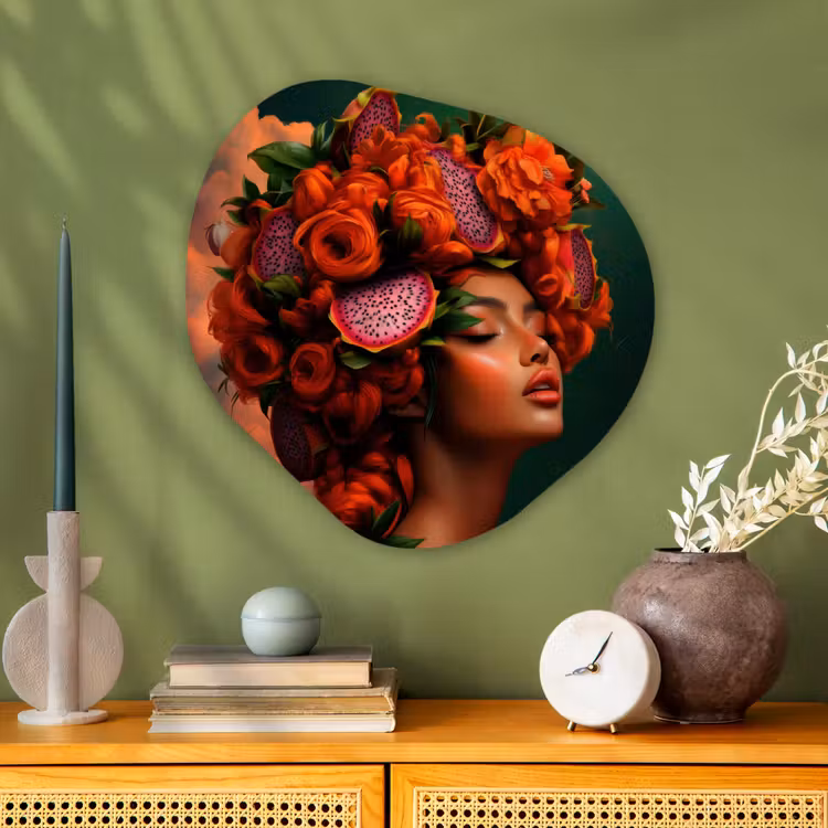 Vrouw - Drankenfruit - Rozen Wandcirkel Organisch Plexiglas middel -sfeer2
