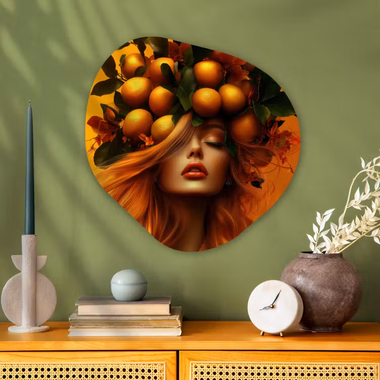 Vrouw - Citroenen - Bloesem - Geel Wandcirkel Organisch Plexiglas middel -sfeer2