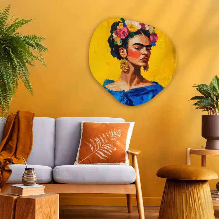 Frida Kahlo - Vrouw - Geel - Blauw - Bloemen Wandcirkel Organisch Plexiglas middel -sfeer4