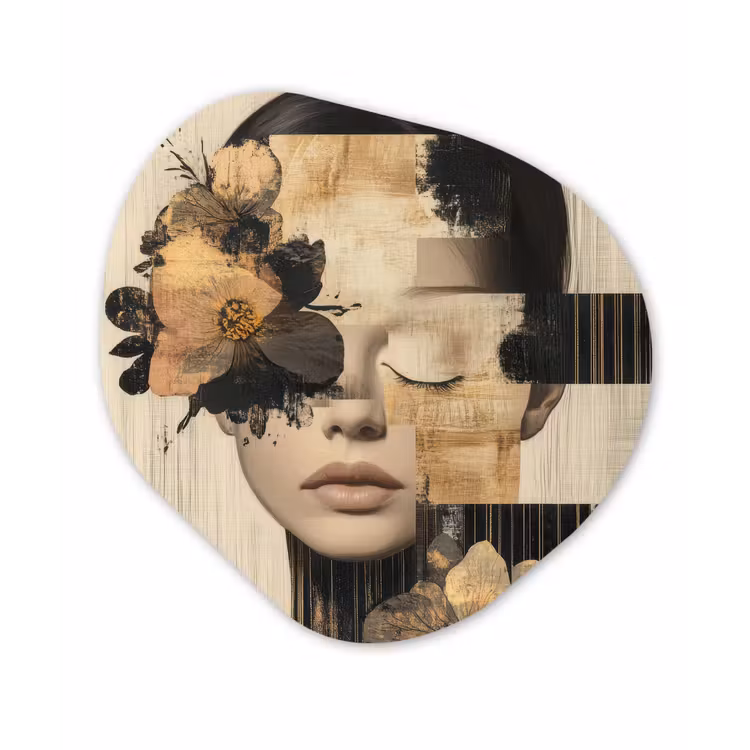 Gezicht - Bloemen - Zwart - Vrouw Wandcirkel Organisch Plexiglas middel -3d