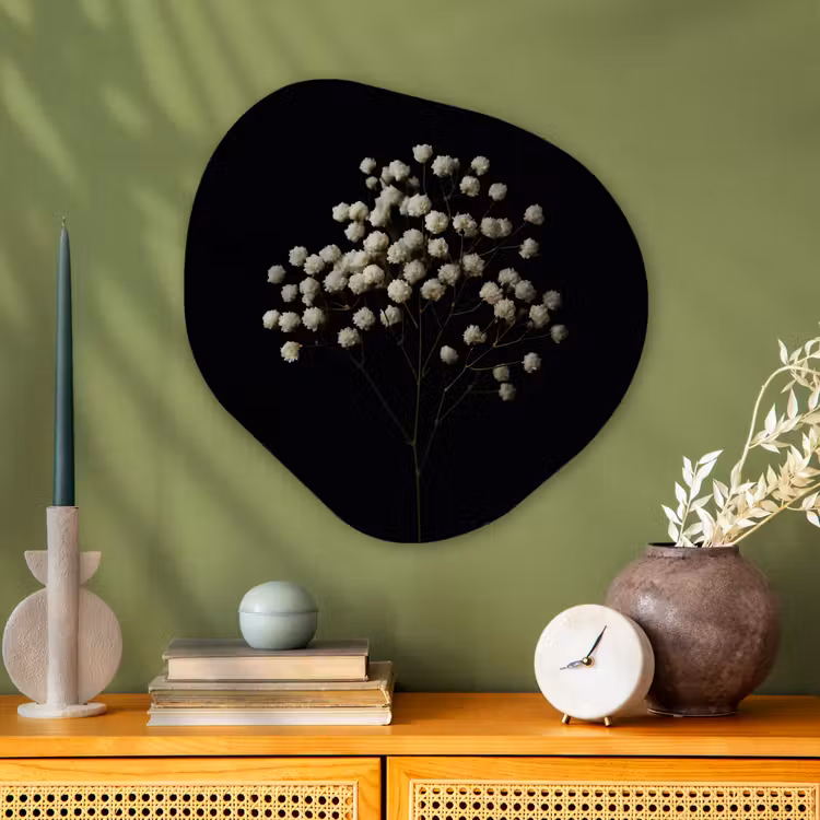 Gipskruid - Bloemetjes - Wit - Minimalistisch Wandcirkel Organisch Plexiglas middel -sfeer2