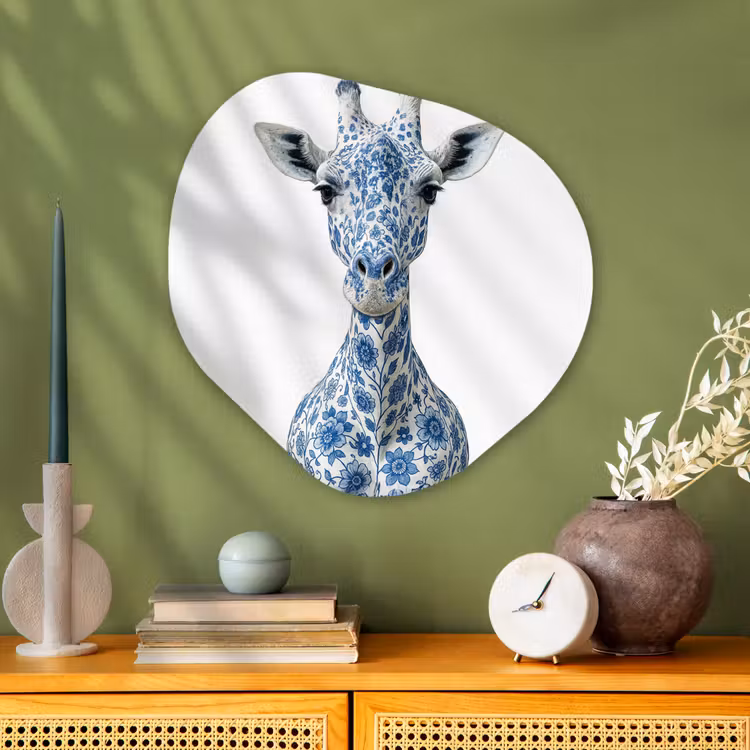 Giraffe - Delfts blauw - Dieren - Minimalistisch Wandcirkel Organisch Plexiglas middel -sfeer2