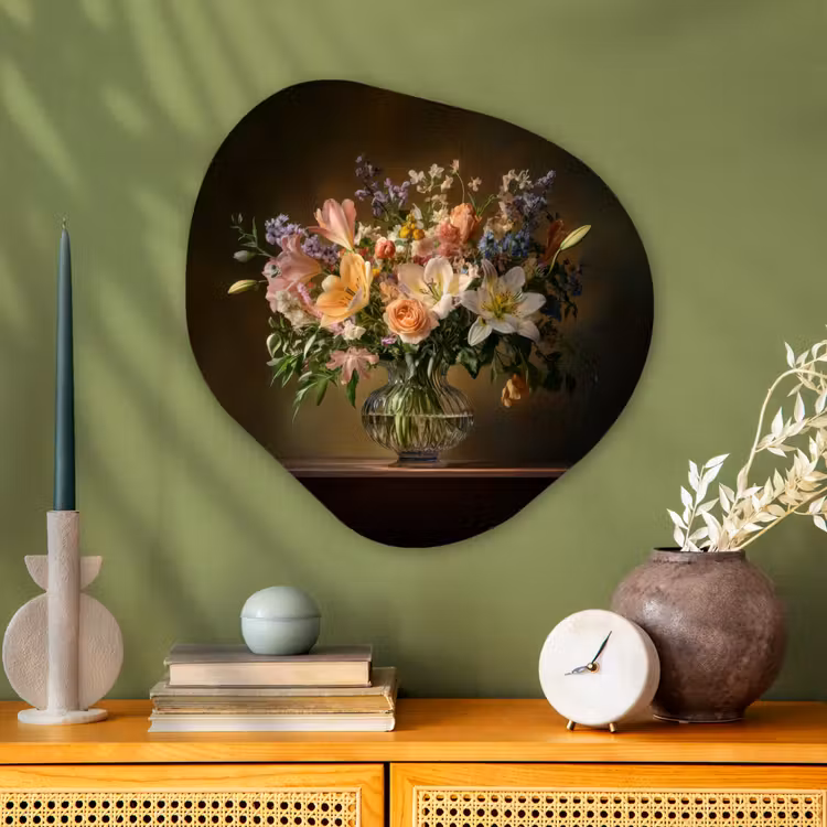 Glazen - Bloemen - Boeket - Kleuren Wandcirkel Organisch Plexiglas middel -sfeer2