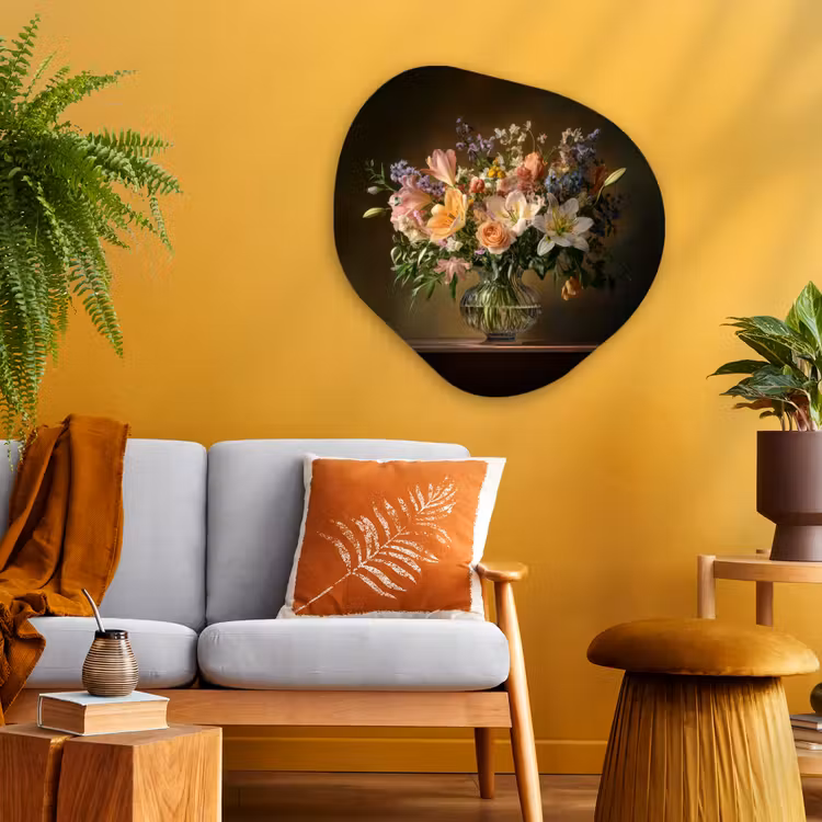 Glazen - Bloemen - Boeket - Kleuren Wandcirkel Organisch Plexiglas middel -sfeer4
