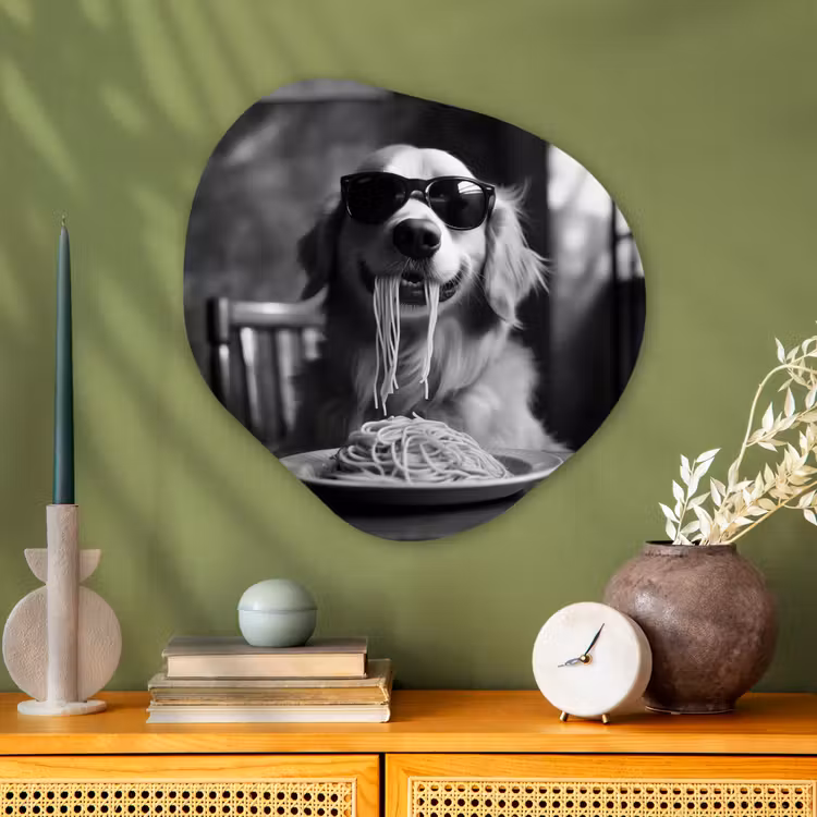 Golden Retriever - Hond - Vrolijk - Bord spaghetti - Zwart - wit Wandcirkel Organisch Plexiglas middel -sfeer2