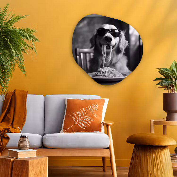 Golden Retriever - Hond - Vrolijk - Bord spaghetti - Zwart - wit Wandcirkel Organisch Plexiglas middel -sfeer4