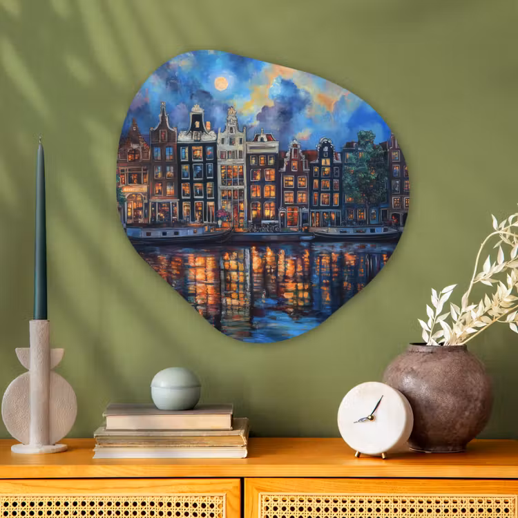 Grachten Amsterdam - Huizen - Stad - Kleurrijk Wandcirkel Organisch Plexiglas middel -sfeer2