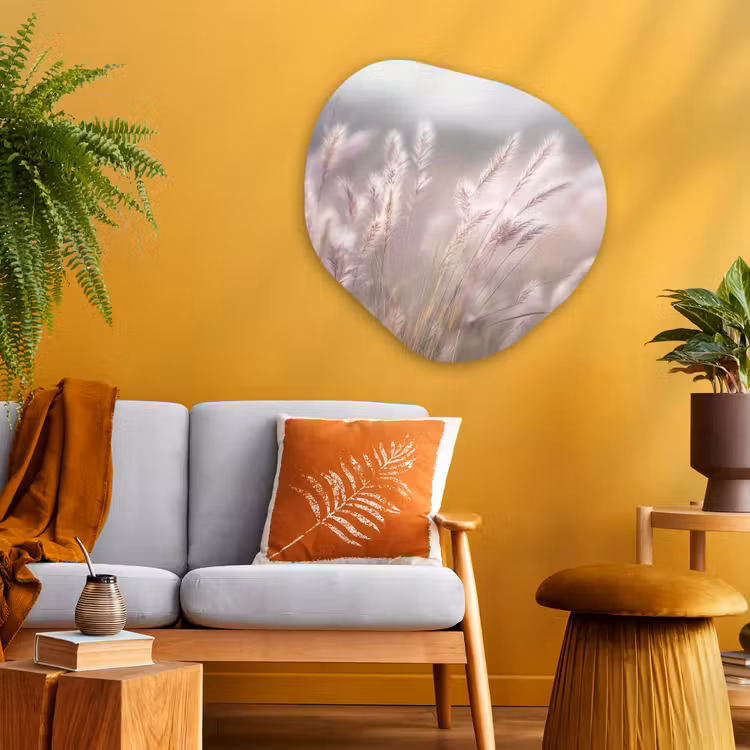 Graspluimen - Wind - Beige - Mistig Wandcirkel Organisch Plexiglas middel -sfeer4
