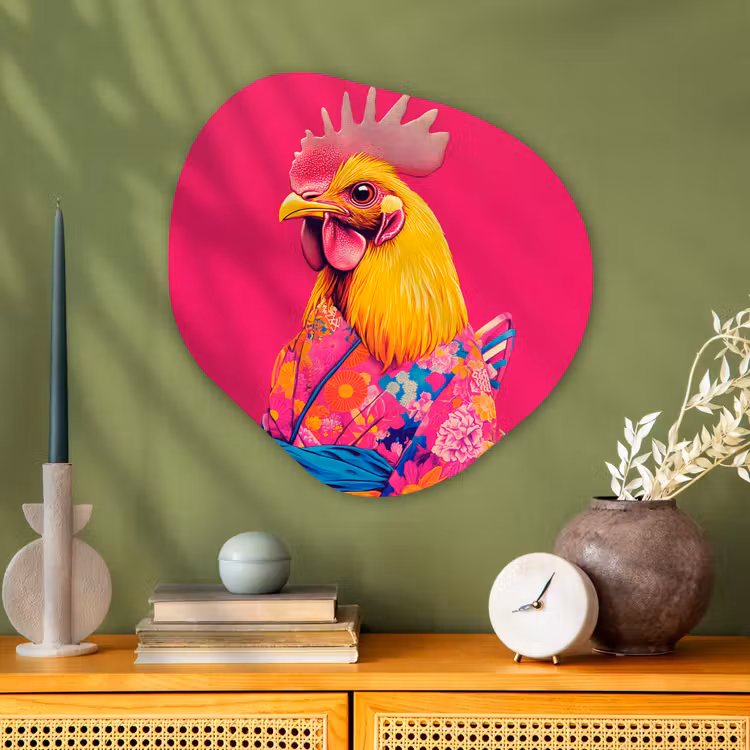 Haan - Kleurrijk - Kimono - Roze Wandcirkel Organisch Plexiglas middel -sfeer2