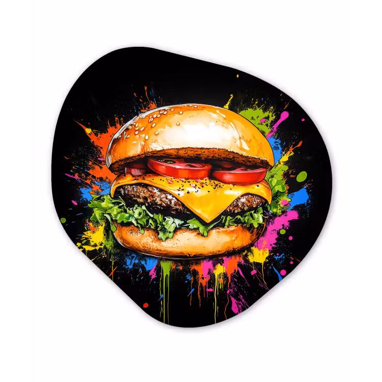 Hamburger - Graffiti - Verf - Kleurrijk - Eten - Abstract Wandcirkel Organisch Plexiglas middel -3d