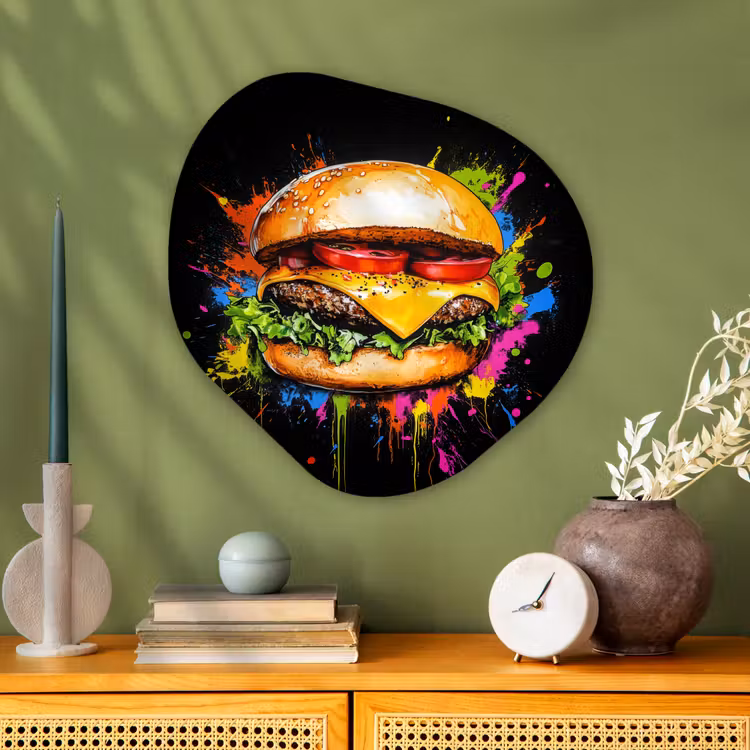 Hamburger - Graffiti - Verf - Kleurrijk - Eten - Abstract Wandcirkel Organisch Plexiglas middel -sfeer2