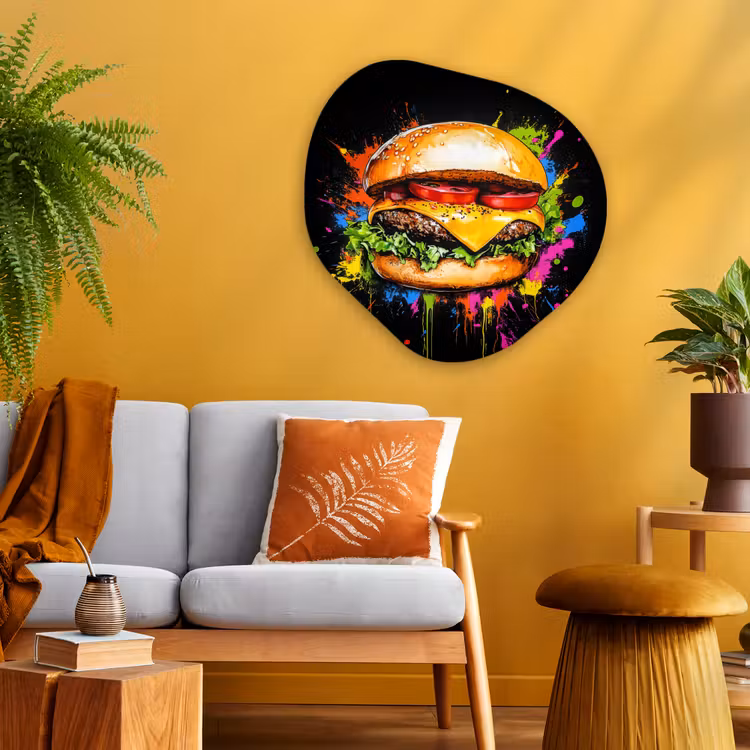 Hamburger - Graffiti - Verf - Kleurrijk - Eten - Abstract Wandcirkel Organisch Plexiglas middel -sfeer4