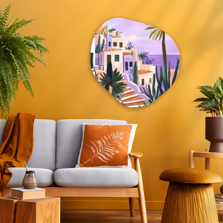 Huizen - Minimalistisch - Palmbomen - Kust Wandcirkel Organisch Plexiglas middel -sfeer4